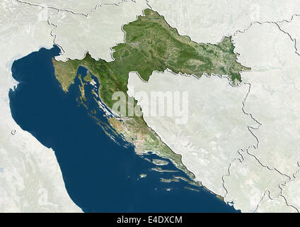 Kroatien, Echtfarben-Satellitenbild mit Rand und Maske Stockfoto