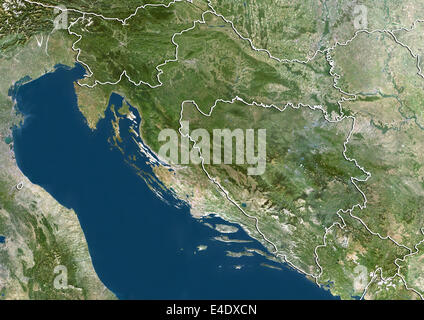 Kroatien und Bosnien und Herzegowina, Echtfarben-Satellitenbild mit Rand Stockfoto