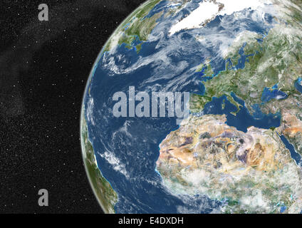 Globus zeigt Europa und Nordafrika, Echtfarben-Satellitenbild. Echtfarben-Satellitenbild der Erde zeigt Europa ein Stockfoto