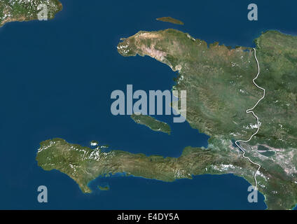 Haiti, Echtfarben-Satellitenbild mit Rand Stockfoto