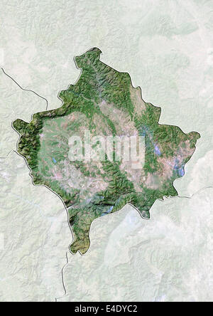 Kosovo, Satellitenbild mit Relief-Effekt, mit Rand und Maske Stockfoto