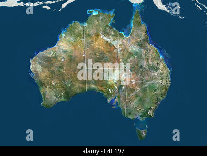 Australien, Echtfarben-Satellitenbild mit den Grenzen der Staaten Stockfoto