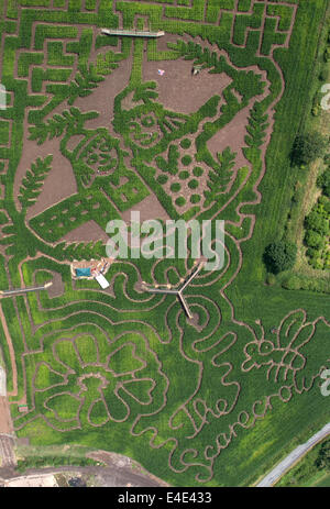 Tattenhill, Staffordshire, UK. 9. Juli 2014. Ein zehn Hektar großen Feld von Mais wird in einem riesigen Vogelscheuche Labyrinth umgewandelt. Die Charaktere sind aus aus Julia Donaldsons neues Buch - die Vogelscheuchen Hochzeit. Der Autor Gruffalo traten die Bücher Illustrator Axel Scheffler, öffnen Sie das Labyrinth heute um die National Forest Adventure Farm, Tattenhill, Staffordshire. Bildnachweis: Joanne Roberts/Alamy Live-Nachrichten Stockfoto