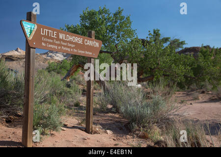 Hanksville, Utah - Hinweises Sturzflut Gefahr am Eingang zum Little Wild Horse Canyon. Stockfoto