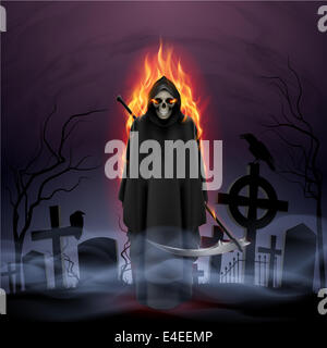 Geist im Feuer mit einer Sense in der Nacht. Stockfoto