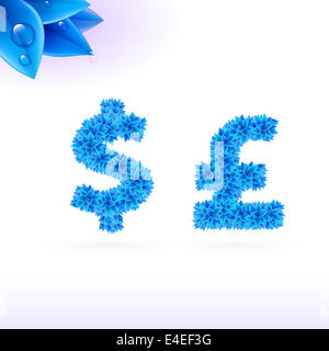 Sans Serif-Schriftart mit blauem Blatt Dekoration auf weißem Hintergrund. Dollar und Pfund Sterling Zeichen Stockfoto