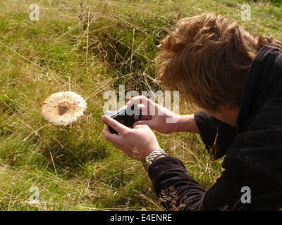 Ein Mann, der eine Nahaufnahme Bild des einen Fliegenpilz mit einer Kompaktkamera Stockfoto