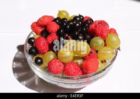 appetitlich Vitamin Dessert aus Garten süßen Beeren verschiedener Art in Glasschale Stockfoto