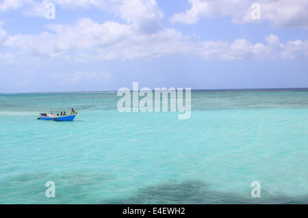 Buccoo Reef, TOBAGO: Ein kleines Boot driftet in Buccoo Reef in der Nähe der Insel Tobago. Stockfoto