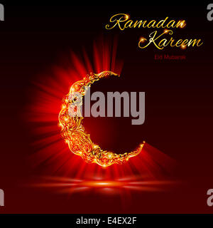 Glühende verzierten Halbmond mit hellen Flair und Glanz in dunklen roten und goldenen Tönen. Grußkarte des muslimischen Fastenmonats Ramadan Stockfoto