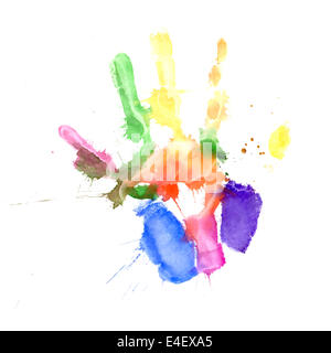 Druck einer Hand gemalt, in mehreren Farben auf weißem Hintergrund Stockfoto
