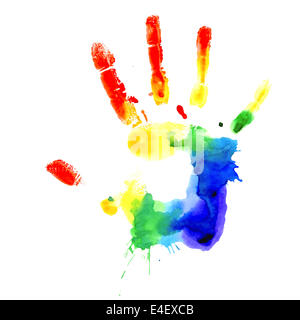 Handabdruck in den Farben des Regenbogens, auf weißem Hintergrund Stockfoto