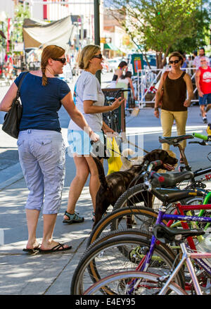 Besucher genießen Kunstwerk während der jährlichen Kleinstadt ArtWalk Festival Stockfoto