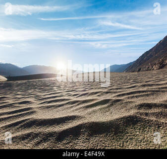 Sanddünen im Himalaya auf Sonnenaufgang. Hunder, Nubra Tal, Ladakh, Indien Stockfoto