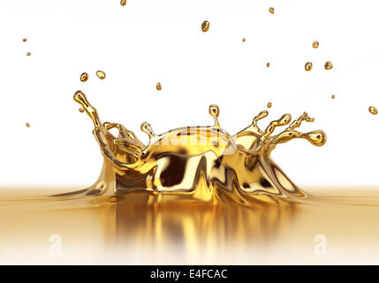 Liquid gold Splash hautnah. Seitliche Sicht auf weißem Hintergrund. Clipping-Pfad enthalten. Stockfoto