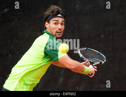 Stuttgart, Deutschland. 10. Juli 2014. Italienischer Tennisspieler Fabio Fognini in Aktion während der erste Runde match gegen Golubev aus Kasachstan beim Mercedes Cup ATP Turnier in Stuttgart, Deutschland, 10. Juli 2014. Foto: DANIEL MAURER/Dpa/Alamy Live News Stockfoto