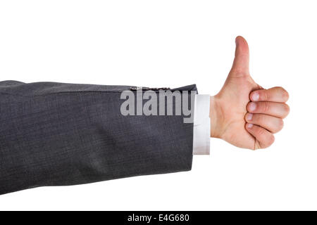Isolierte Arm eines Geschäftsmannes in Suite zeigt Daumen oben Geste Stockfoto