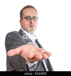 Business-Mann streckt seinen Arm hält seine Hand direkt in die Kamera. Isolated on White Background Stockfoto