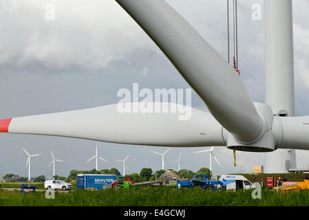 Deutschland Schleswig-Holstein Nortorf, den Bau der Windkraftanlage SENVION 3.2M114, Leistung 3,2 Megawatt, Montage des Rotors Star mit Rotorblättern durch spezielle Kran Stockfoto