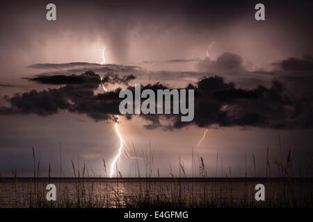 Schrauben der Blitzschlag den Ozean Beleuchtung den Nachthimmel über Amelia Island in Florida. Stockfoto