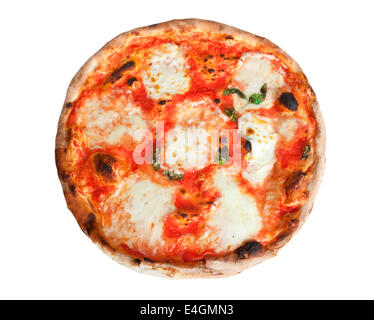 Pizza Margherita mit Scheiben von Mozzarella auf weißem Hintergrund Stockfoto