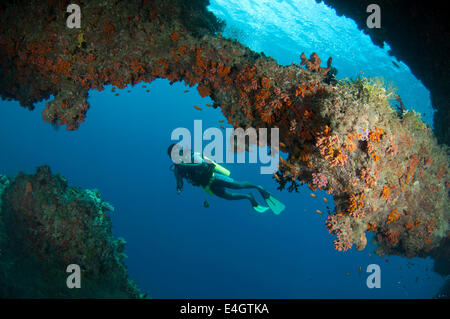 Taucher außerhalb einer Unterwasserhöhle Stockfoto