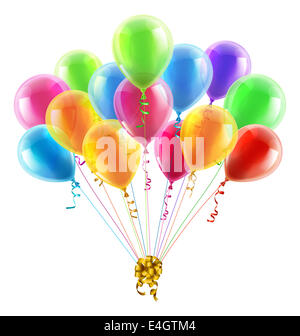 Ein Beispiel für eine Reihe von bunten Geburtstag oder Party Luftballons mit Bändern zusammengebunden mit einer großen goldenen Bogen Stockfoto