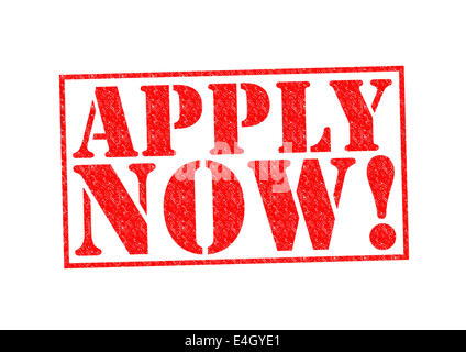 BEWERBEN SIE SICH JETZT! Stempel auf einem weißen Hintergrund. Stockfoto