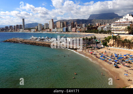 Blick auf Playa De Poniente Strand, Benidorm Resort, Costa Blanca, Provinz Valencia, Spanien, Europa. Stockfoto