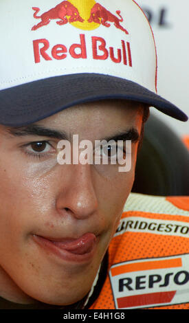 Hohenstein-Ernstthal, Deutschland. 11. Juli 2014. Spanische Marc Marquez im Repsol Honda Team während des Grand Prix Motorrad-WM-Trainings auf dem Sachsenring in Hohenstein-Ernstthal, Deutschland, 11. Juli 2014. Foto: Hendrik Schmidt/Dpa/Alamy Live News Stockfoto