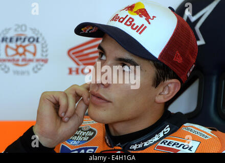 Hohenstein-Ernstthal, Deutschland. 11. Juli 2014. Spanische Marc Marquez im Repsol Honda Team während des Grand Prix Motorrad-WM-Trainings auf dem Sachsenring in Hohenstein-Ernstthal, Deutschland, 11. Juli 2014. Foto: Hendrik Schmidt/Dpa/Alamy Live News Stockfoto