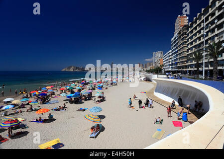 Blick auf Playa De Poniente Strand, Benidorm Resort, Costa Blanca, Provinz Valencia, Spanien, Europa. Stockfoto