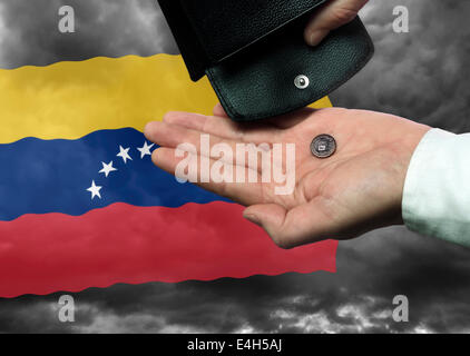 Hand mit Geldbörse und Dollar Münze vor der Flagge Venezuelas als Symbol für die Bedrohung der Staatsbankrott des Landes. Digital Composite (DC) Stockfoto