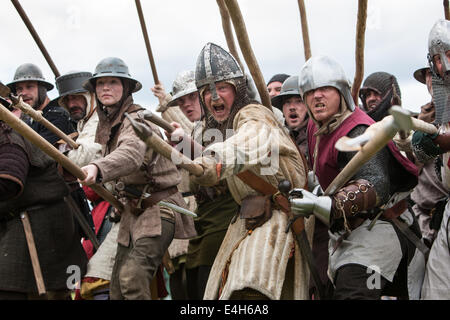 Reenactment der Schlacht von Bannockburn mit Robert The Bruce bei Bannockburn Leben 700 Jahre Gedenken an die Schlacht, Schottland. Stockfoto