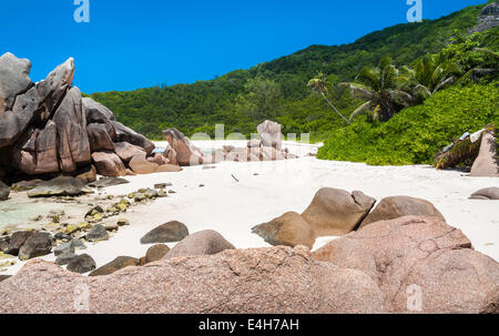 Granitfelsen am tropischen Strand verstreut Stockfoto