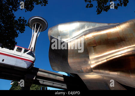 Space Needle, die Mono-Rail und der EMP-Museum von Frank Gehry entworfen Stockfoto