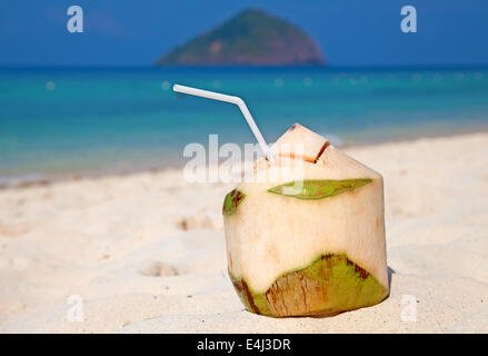 Kokosnuss cocktail am weißen Sandstrand Stockfoto