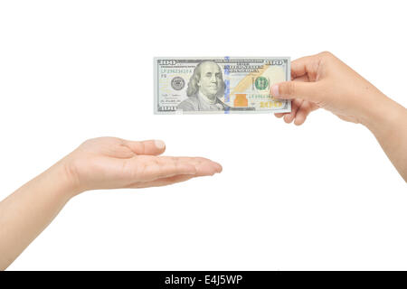 Hand Gesten geben und empfangen 100 US-Dollar. Stockfoto