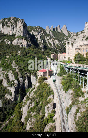 Montserrat Berge und Zahnradbahn, die Santa Maria de Montserrat Benediktiner Kloster in Katalonien, Spanien. Stockfoto