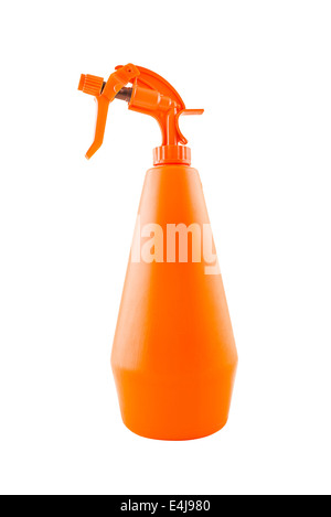 Orange Kunststoff Wasser Sprinkler oder Zerstäuber isoliert auf weißem Hintergrund. Flüssiger Sprüher als Haus-Utensil. Stockfoto