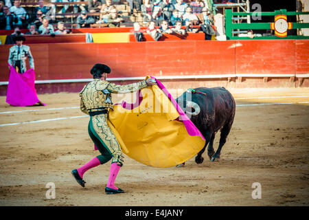 Valencia, Spanien. 16. März 2014. Spanischer Stierkämpfer JUAN JOSE PADILLA führt einen Capote Pass beim Stierkampf in der Plaza Toros de Valencia, während die Fallas. Ein paar tausend Zuschauern gab Juan Jose Padilla ein Held empfangen in der Plaza de Toros von Valencia während die Fallas. Padilla trägt eine Augenklappe, gewinnt den Spitznamen "The Pirate", da er von einem Stier im Jahr 2011 schwer verletzt wurde. © Matthias Oesterle/ZUMA Wire/ZUMAPRESS.com/Alamy Live-Nachrichten Stockfoto