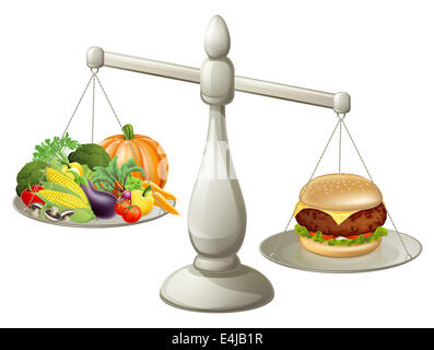 Gesunde Ernährung Willenskraft Konzept, gesunde Lebensmittel auf der einen Seite der Waage und Fast-Food-Burger auf der anderen. Burger ist mehr wiegen. Stockfoto