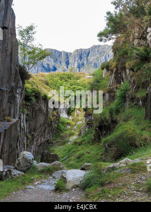 Blick in Teufels Küche (Twll Du) von Weg durch schmale Schlucht abgebaut, Cwm Idwal in Berge von Snowdonia Ogwen Wales UK Stockfoto