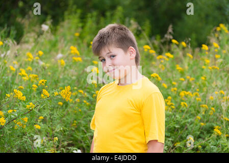 Junge auf Wiese mit Rainfarn Stockfoto