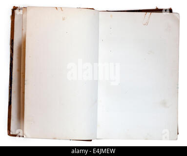 Altes öffnen Buch mit leeren Seiten isoliert auf weiss mit Beschneidungspfad Stockfoto