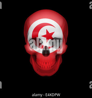 Menschlicher Schädel mit Flagge von Tunesien. Bedrohung für die nationale Sicherheit, Krieg oder vom Aussterben bedroht Stockfoto