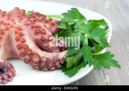 Oktopus und Petersilie Blätter auf einem Teller Stockfoto