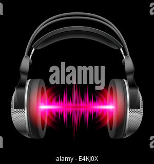 Kopfhörer mit roten und violetten Schallwellen. Darstellung auf schwarzem Hintergrund Stockfoto