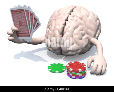 menschlichen Gehirns mit Armen und Beinen spielt Poker, 3d illustration Stockfoto