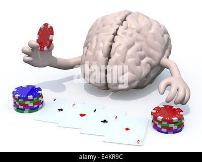 menschlichen Gehirns mit Armen und Beinen spielt Poker, 3d illustration Stockfoto